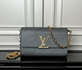 Louis Vuitton crossbody bag in dark blue-gray with gold LV monogram and chain strap