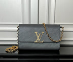 Louis Vuitton crossbody bag in dark blue-gray with gold LV monogram and chain strap