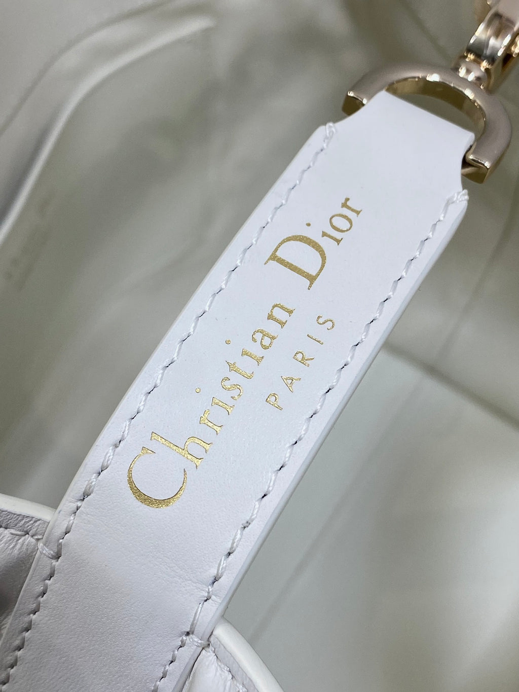 Dior strap with “Christian Dior PARIS” text and gold hardware