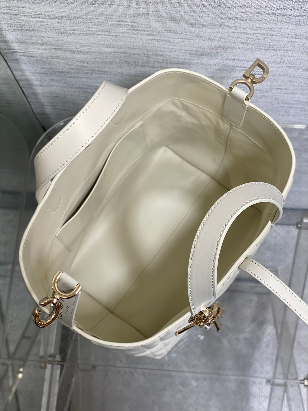 Dior quilted white tote bag open top with cream lining and side handles