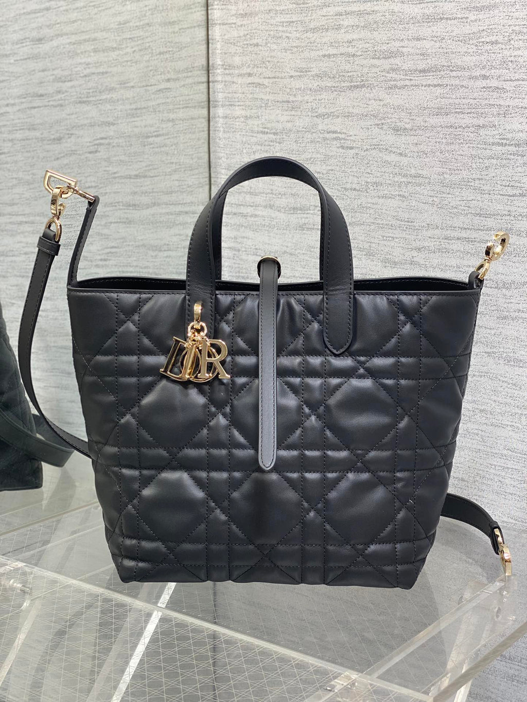 Dior quilted tote bag with top handles, black leather and gold hardware