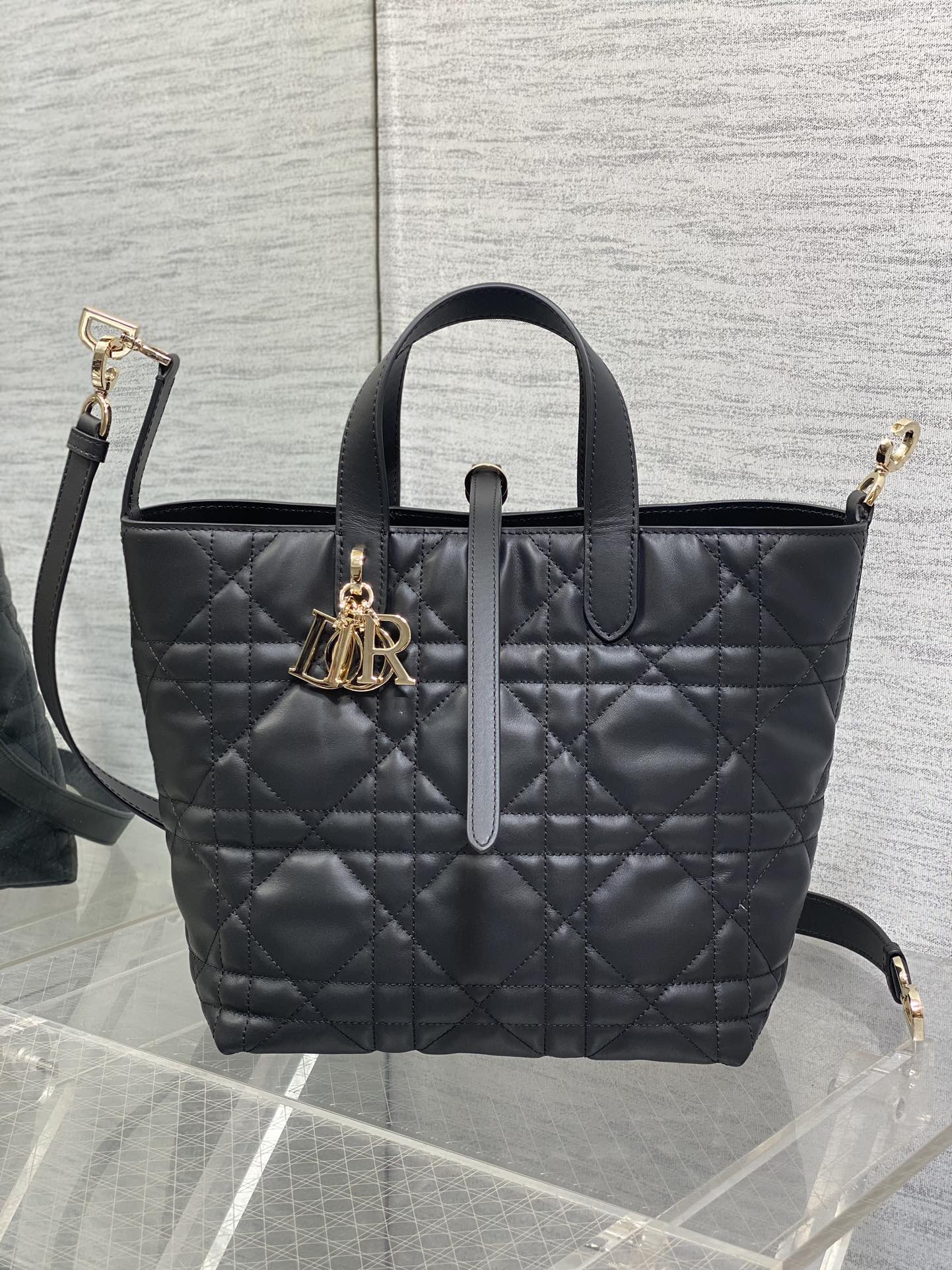 Dior quilted tote bag with top handles, black leather and gold hardware