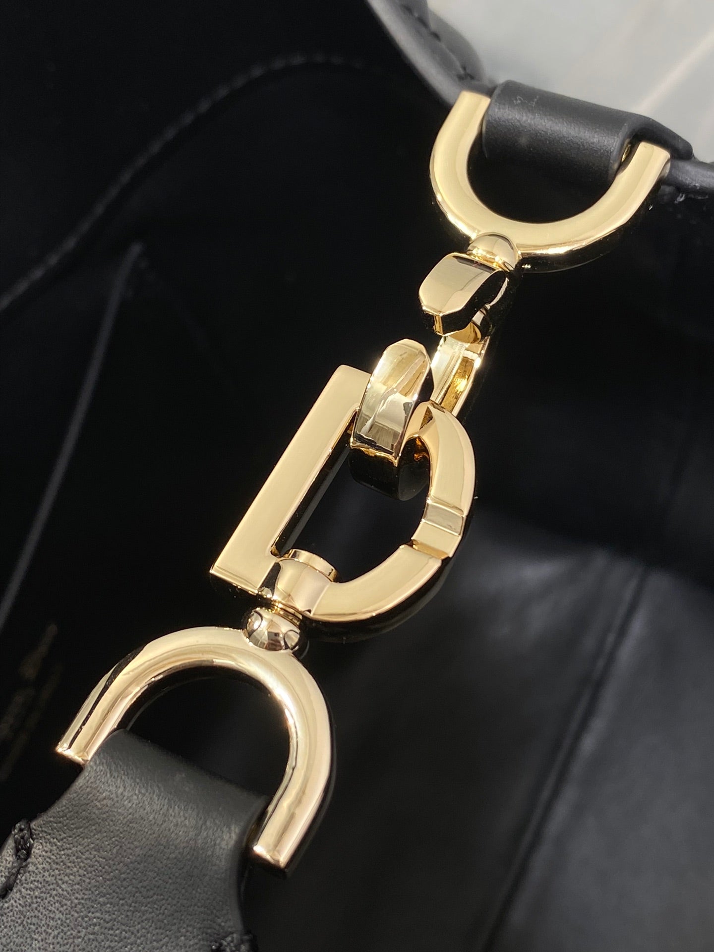 Dior gold-tone D-ring hardware and strap details on black leather bag