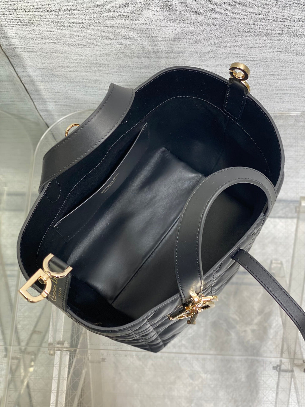 Dior open quilted tote bag interior, black leather with gold hardware