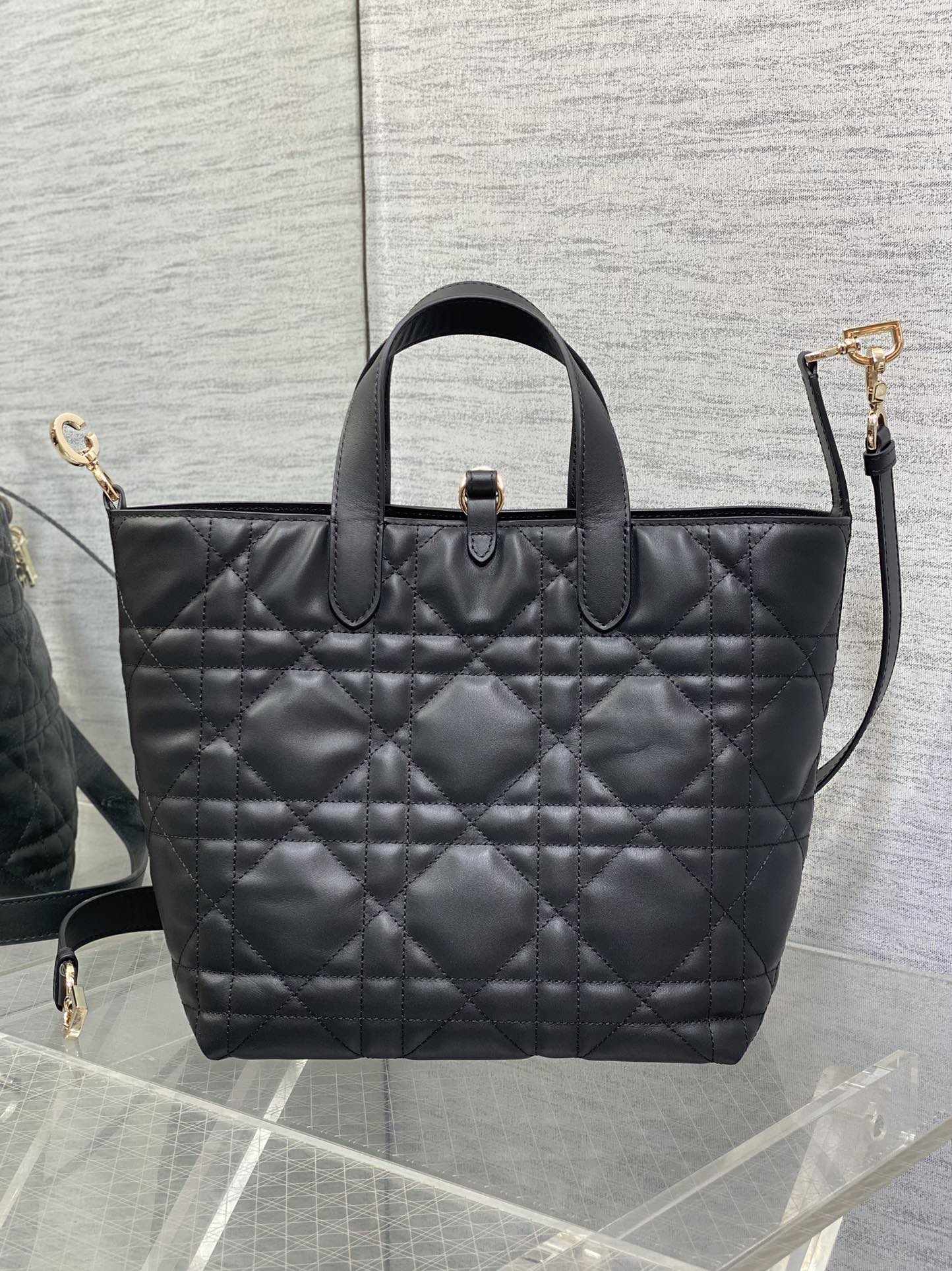 Dior quilted leather tote bag with shoulder strap, black and gold hardware