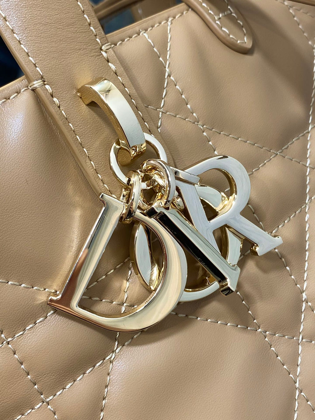 Dior handbag logo hardware detail with metal rings and strap attachment