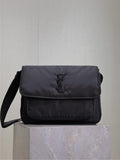 YSL bag with front flap and YSL logo, dark padded fabric, shoulder strap