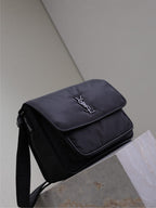 YSL bag with top flap and YSL logo, dark padded nylon, crossbody shoulder strap
