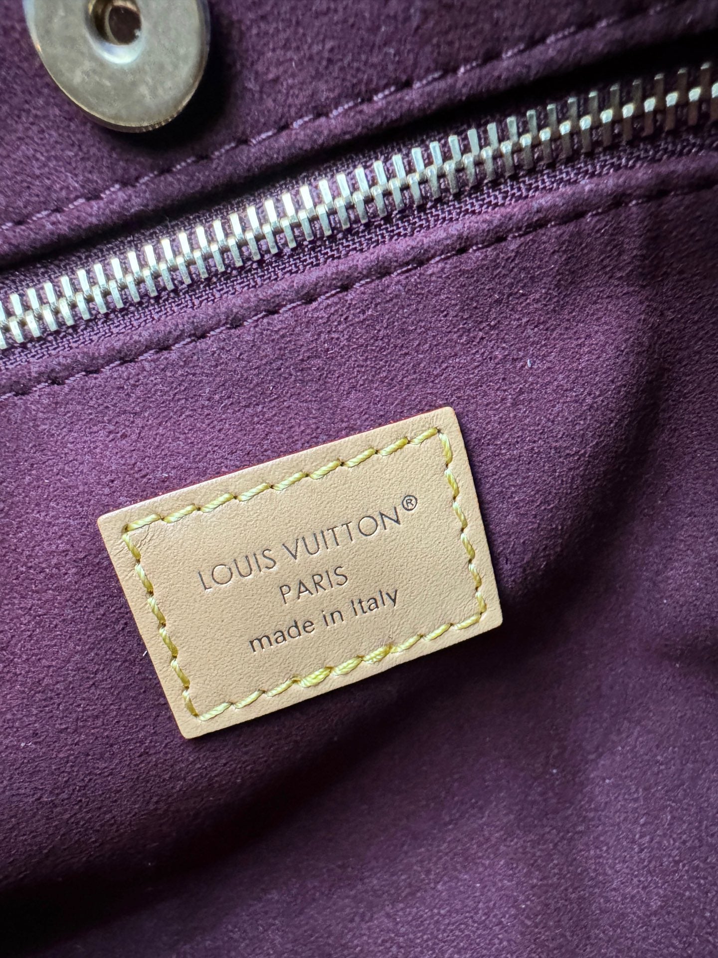 Louis Vuitton purple leather bag exterior with gold zipper and logo label
