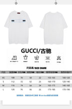 White Gucci T-shirt front and back shown with sizing chart layout