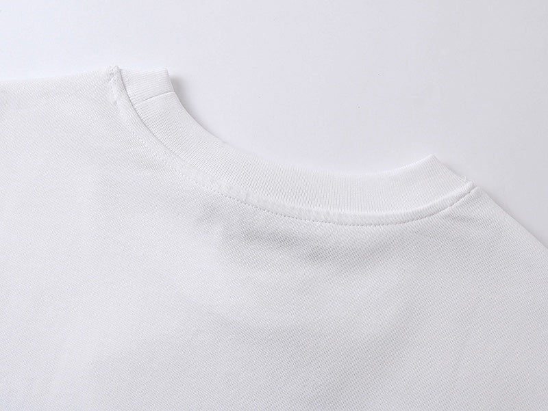 White crewneck T-shirt neckline detail with stitched collar