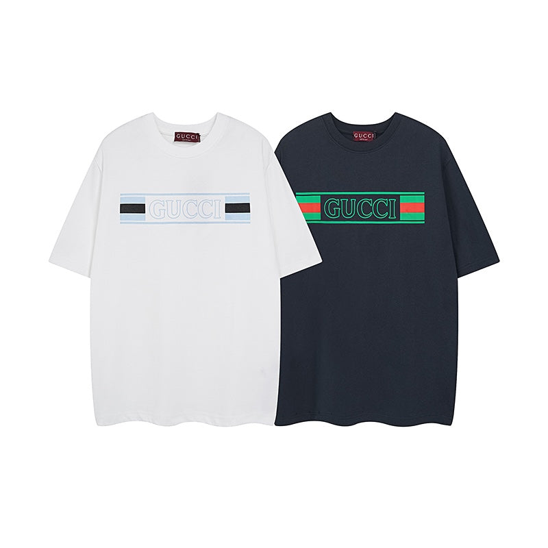Gucci short-sleeve T-shirts in white and dark navy with logo stripe