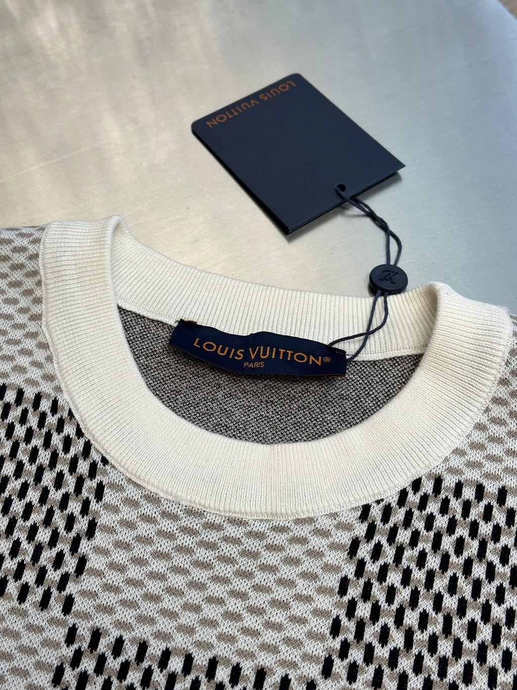 Louis Vuitton check-pattern knit T-shirt neckline with brand tag and hang tag