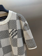 Louis Vuitton check-pattern short-sleeve knit T-shirt close-up with logo lettering