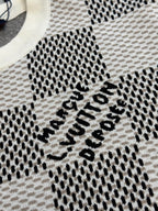 Louis Vuitton check-pattern knit T-shirt with black-and-white logo text on chest
