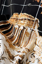 Versace short-sleeve shirt print close-up, gold-and-cream statue illustration on black