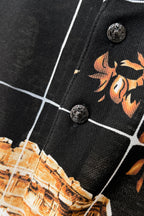 Versace short-sleeve shirt fabric detail, black with white grid and floral button placket
