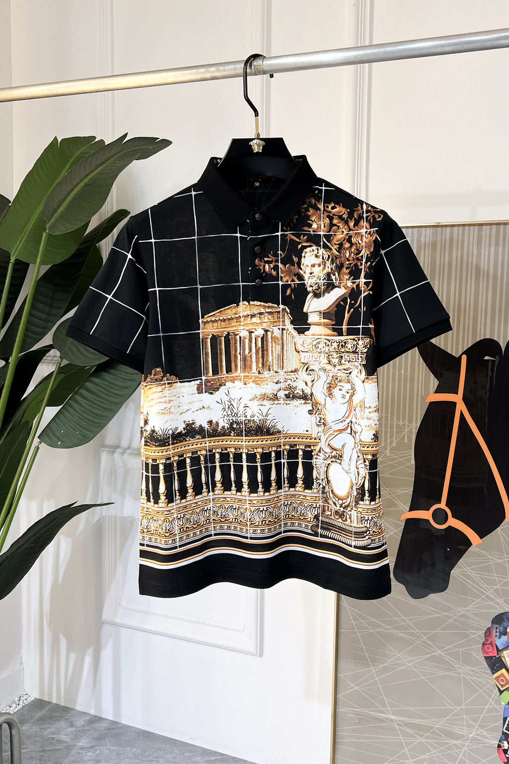 Versace short-sleeve shirt, black with white grid lines and gold baroque front print