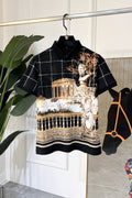 Versace short-sleeve shirt, black with white grid lines and gold baroque front print