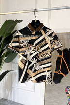 Versace patterned short-sleeve shirt with pointed collar, black and beige