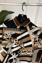 Versace patterned short-sleeve shirt with pointed collar, black and beige print