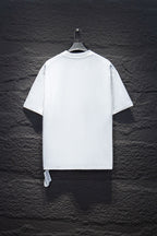 White short-sleeve T-shirt, back view, with small hang tag