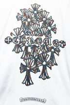 White T-shirt close-up of floral crown graphic and rectangular logo text
