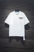 White short-sleeve T-shirt with small chest logo graphic and crew neckline