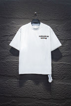 White short-sleeve T-shirt with small chest logo graphic and crew neckline