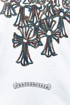 White T-shirt close-up of large multicolor floral graphic with decorative border