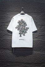 White short-sleeve T-shirt with large back floral crown graphic