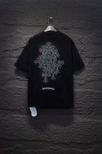 Black short-sleeve T-shirt with large back floral cross embroidery
