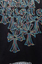 Black T-shirt with large blue and teal floral graphic embroidery