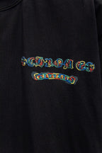 Black T-shirt with multicolor logo embroidery at chest
