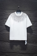 White short-sleeve T-shirt with beaded starburst and rhinestone cross detail