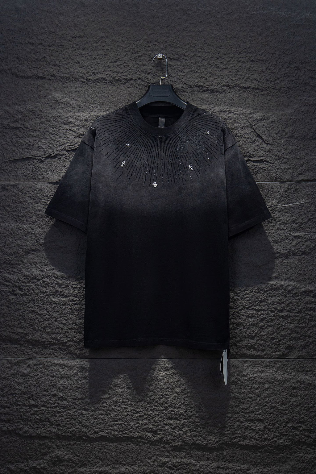 Chrome short-sleeve top, black knit with subtle sparkly cross studs
