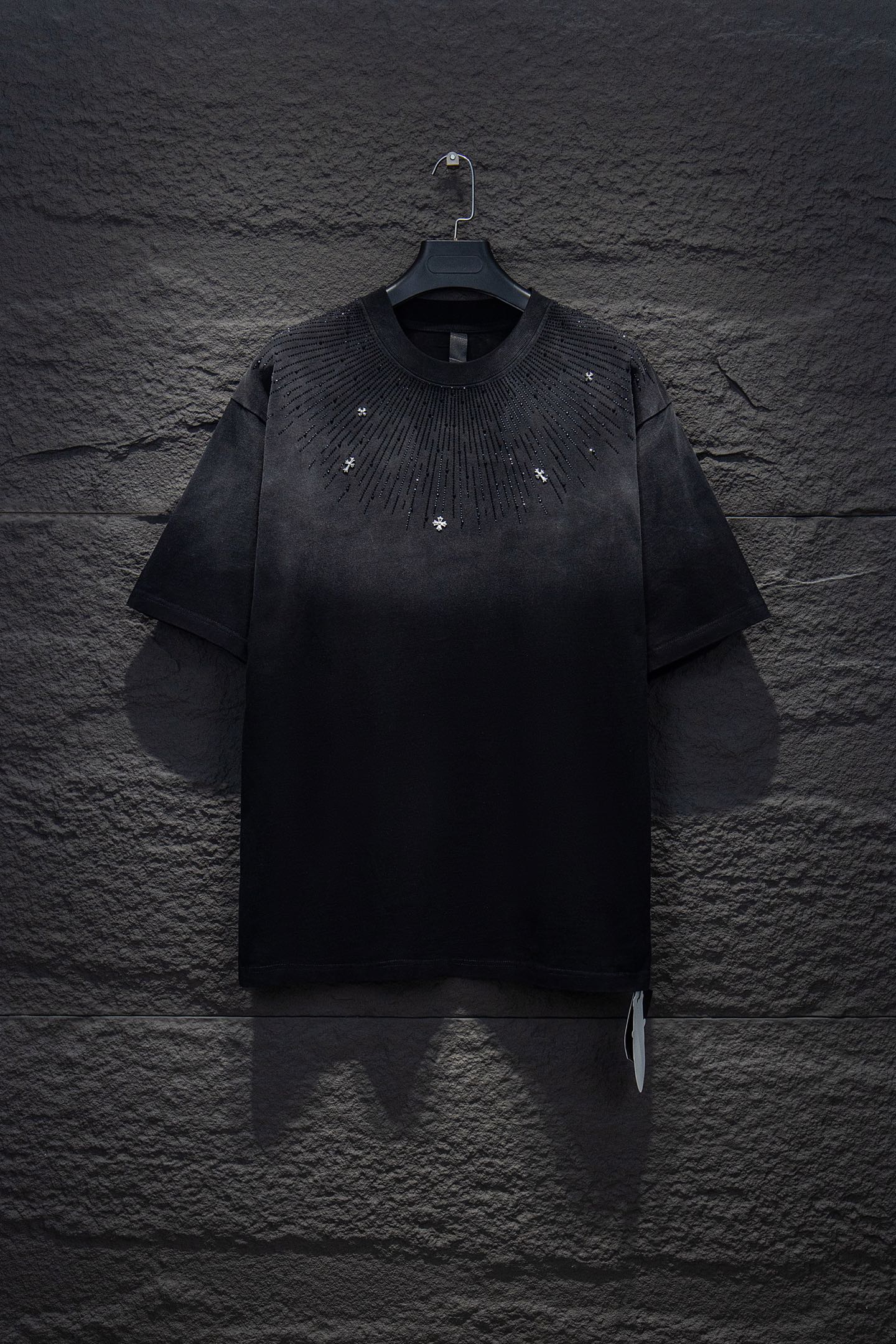 Chrome short-sleeve top, black knit with subtle sparkly cross studs