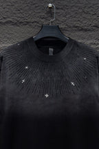 Chrome short-sleeve top, black knit with crystal-like star cross studs