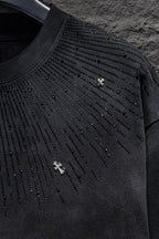 Chrome short-sleeve top, black knit with studded diagonal drip design