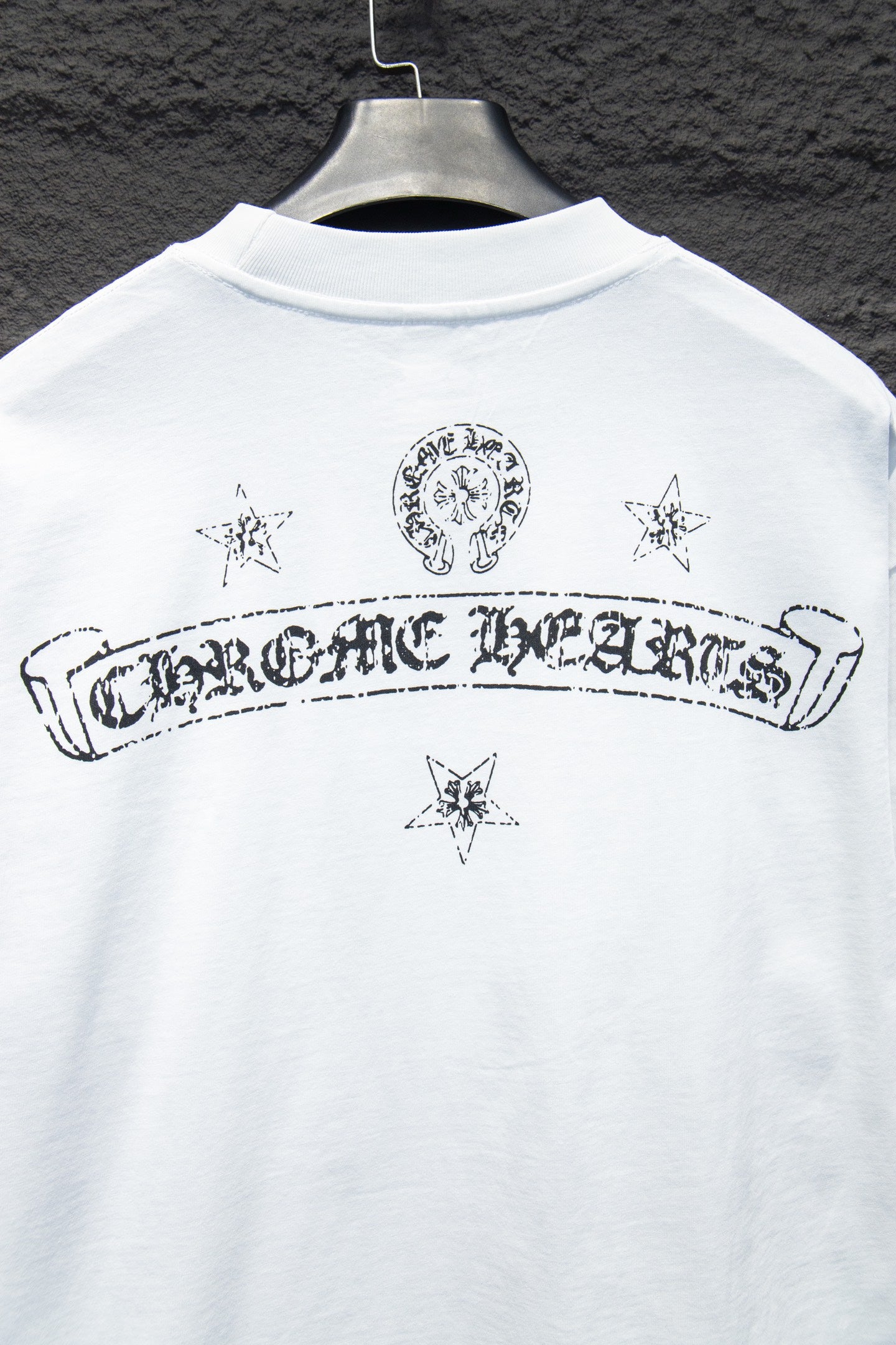 White crewneck T-shirt back print with star and arch banner graphic