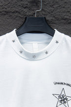 White crewneck T-shirt with star stud graphic and printed collar logo