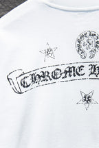 White crewneck T-shirt with large banner graphic and small star icons