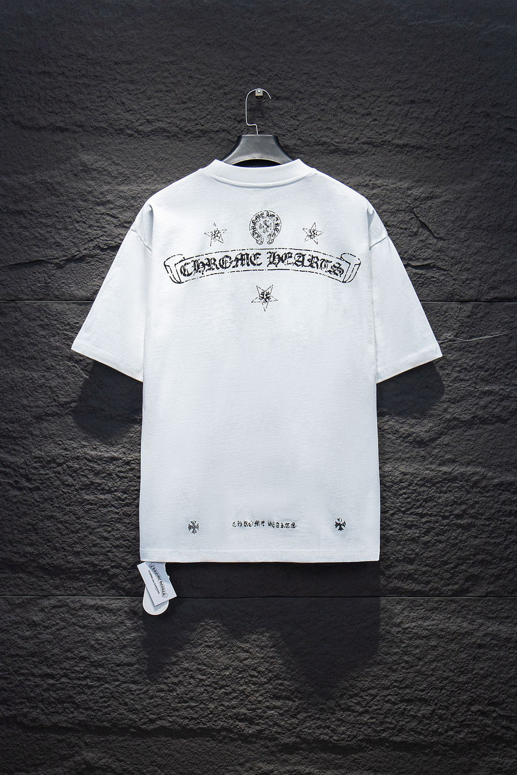 White short-sleeve crewneck T-shirt, large back graphic with banner and small stars