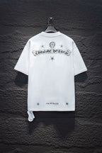 White short-sleeve crewneck T-shirt, large back graphic with banner and small stars