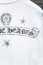 White crewneck T-shirt with circular crest and star graphics on chest