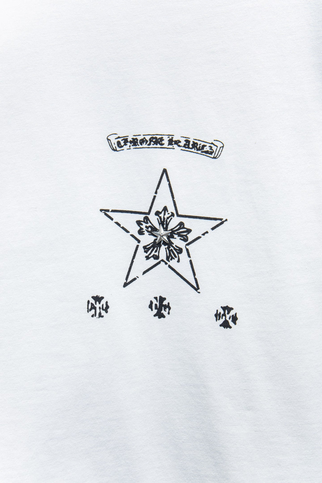 White crewneck T-shirt with central star emblem and smaller star motifs