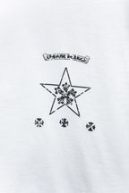White crewneck T-shirt with central star emblem and smaller star motifs