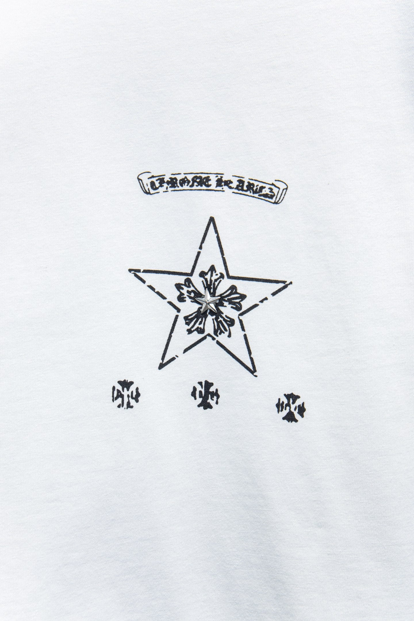 White crewneck T-shirt with central star emblem and smaller star motifs