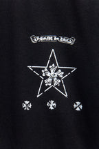 Black T-shirt with large star and crosshair graphic with smaller icons