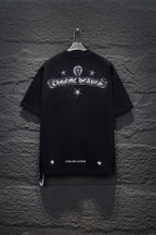 Black short-sleeve T-shirt with large back logo and star emblem print